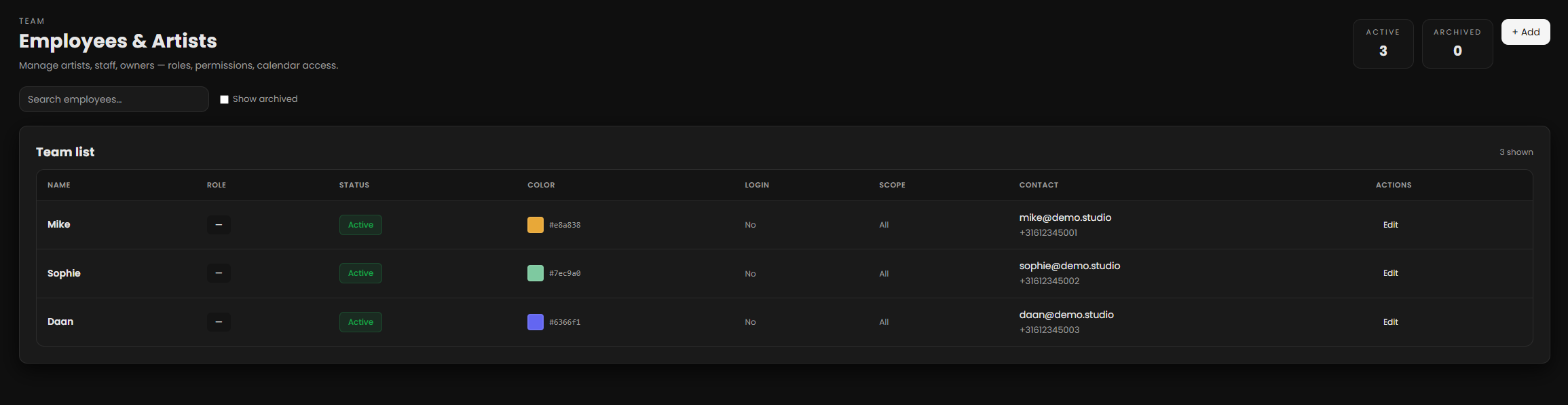 Employee management panel